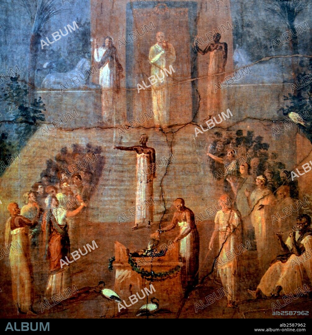 Herculaneum fresco depicting a cereomny in the sanctuary of Isis. Dated 2nd Century B.C.