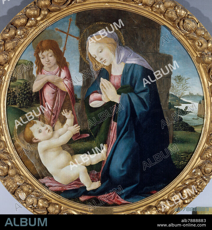 SANDRO BOTTICELLI. Botticelli (Werkstatt). "Madonna und Kind mit Johannes dem Täufer", zwischen 1445 und 1510. Malerei, Ölgemälde. PPP2495, Paris, Petit Palais.