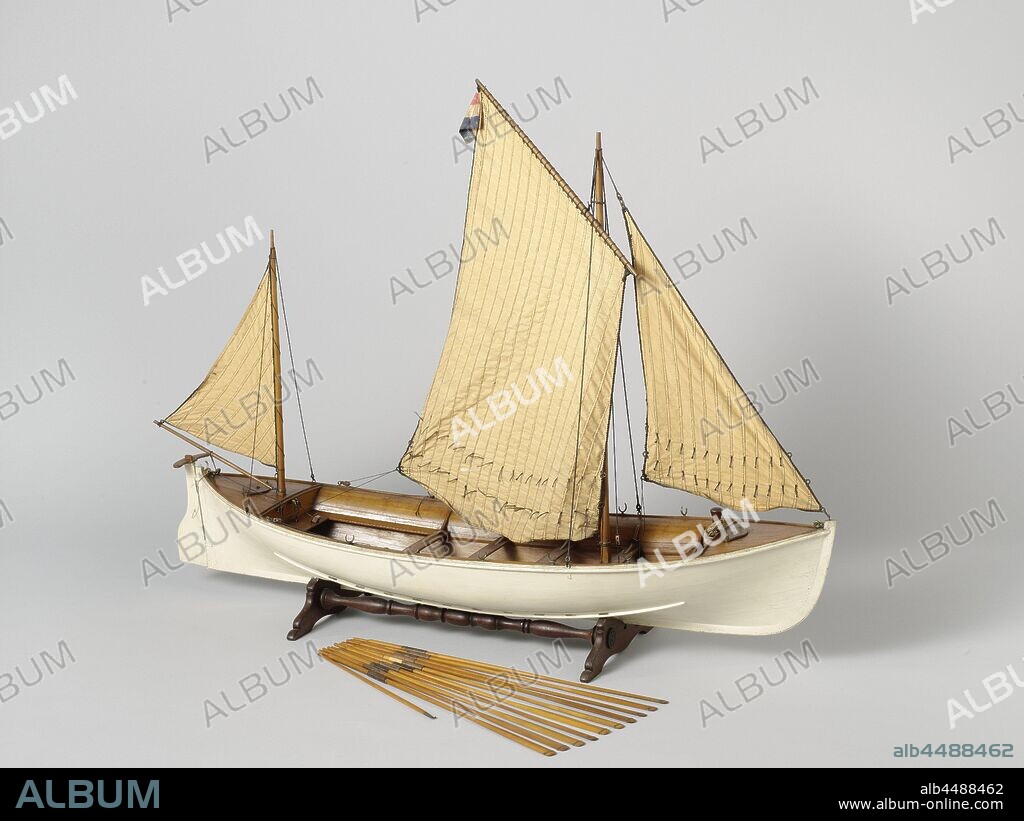 Model of a Lifeboat, Tested truss model of a double-belt lifeboat of ten belts, the guns are missing. It is a smooth-edged pointed-hole sloop, with curved stern and straight, slightly falling stern. The skin is painted white. It has a double skin, with floating boxes fitted in the inner skin, five dulls, an open cabin, a small front court and back court. The broad helm does not have a tiller, but a steering quadrant, whose talents are missing. The model is equipped with ten belts, two boat hooks, two round buoys and a dredge. It is rigged with sails, the large mast with a logger sail and a jib, the mizzen with a small triangular sail with boom, Dutch flag. 1:10 scale, ship model, Adriaan Rosel, 1865 and/or c. 1870 - c. 1876, wood (plant material), brass (alloy), rope, textile materials, leather, model: h 73 cm × l 96.5 cm × w 21.4 cm packaging capsule: h 79 cm × w 99.5 cm × d 33.5 cm.