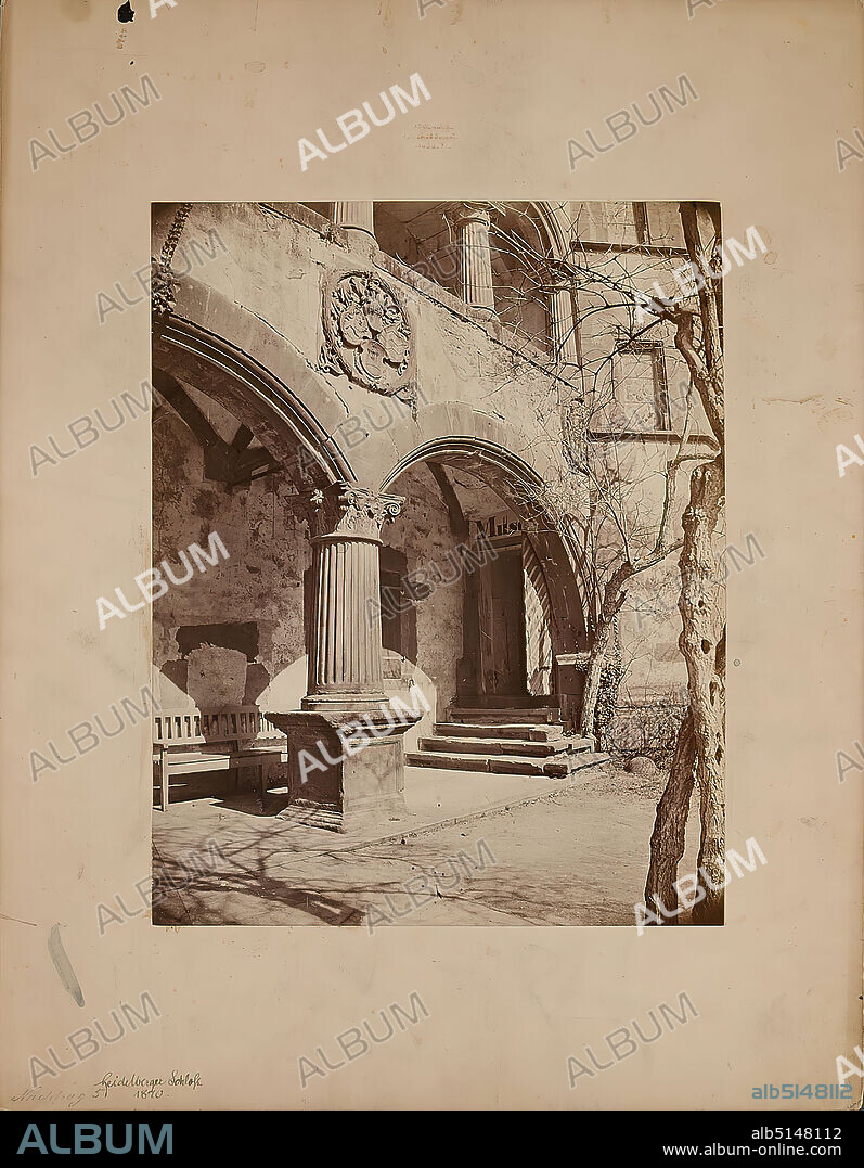 Georg Maria Eckert, Verlag von Fr. Bassermann, Heidelberg Castle, albumin paper, black and white positive process, image size: height: 26.50 cm; width: 20.90 cm, inscribed and dated: Cardboard recto bottom left: handwritten with black ink: Heidelberg Castle 1870. as well as in lead supplement 5, dry stamp: cardboard recto top center: VERLAG VON FR. BASSERMANN HEIDELBERG, architectural photography, sheets, archivolt (architecture), castle, palace, coat of arms (insignia), Heidelberg.