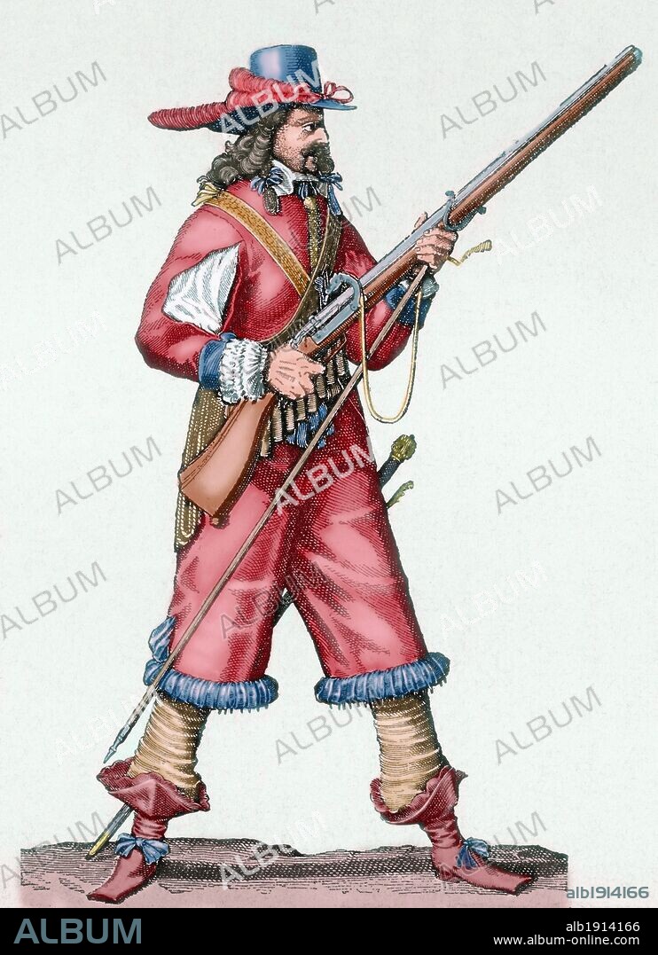 EJERCITOS SIGLO XVIII. FRANCIA. MOSQUETERO de la INFANTERIA de Luís XIV DISPUESTO PARA DISPARAR EL MOSQUETE. Grabado coloreado.