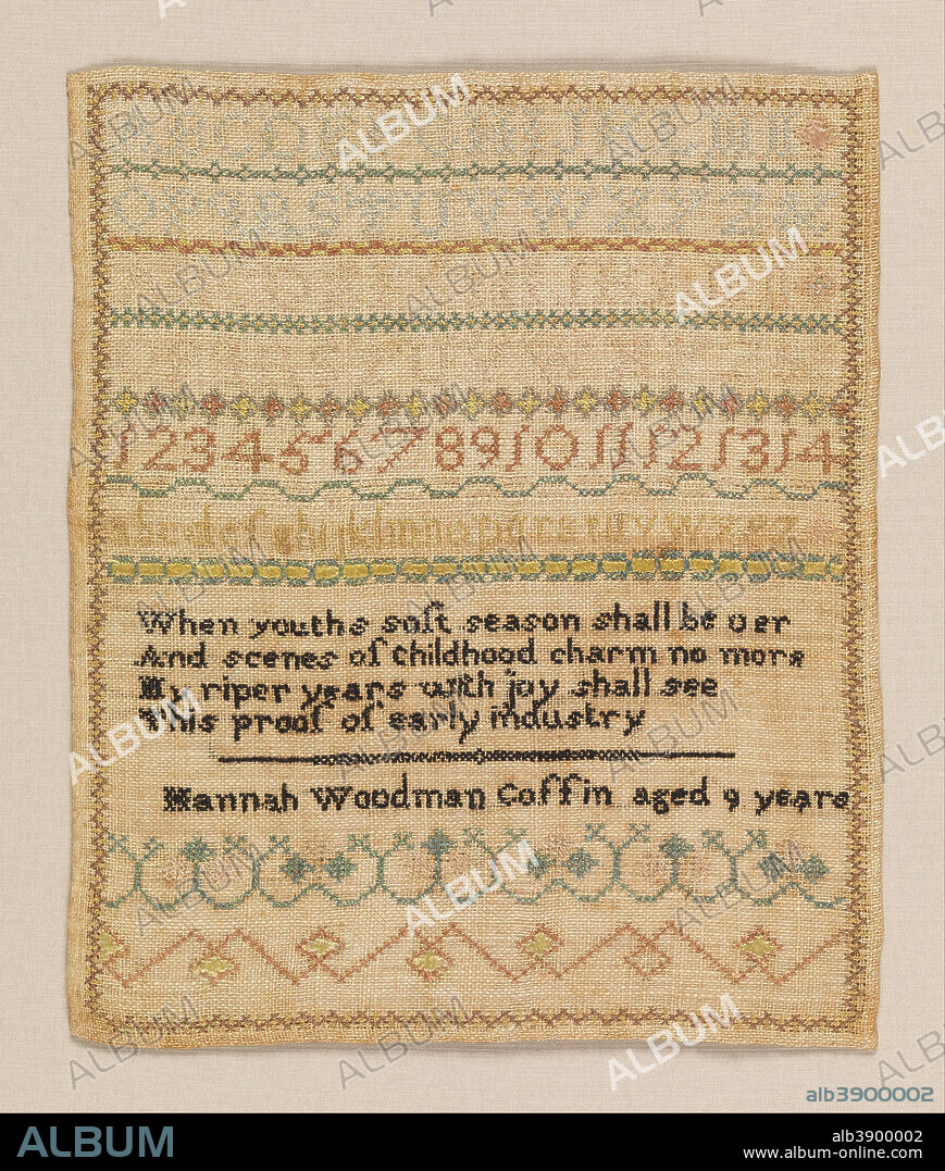 HANNAH WOODMAN COFFIN. Sampler. Date/Period: Early 19th century. Sampler. Medium: silk embroidery on linen foundation. Technique: embroidered in cross stitch on plain weave foundation.
