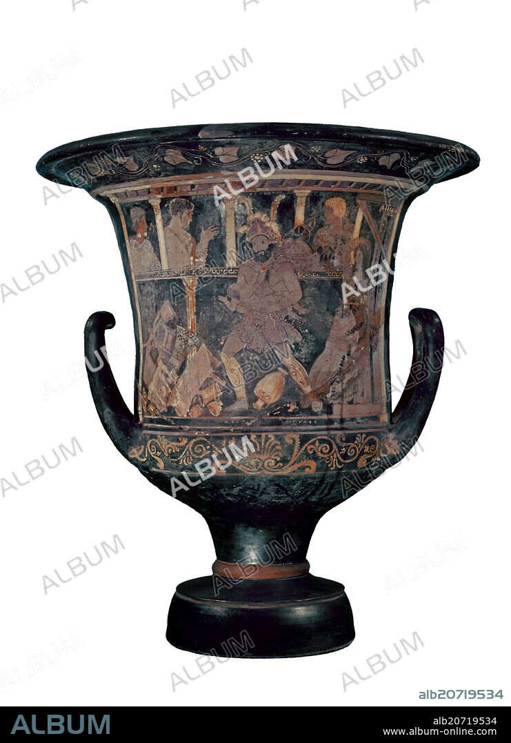 CRATERA DE ASTEAS O DE LA LOCURA DE HERACLES, PAESTUM 350/320 AC. REPRESENTACION TRAGICA EN LA QUE SE VE A HERACLES ARROJAR A SU HIJO A UNA PIRA.