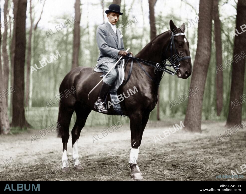 Sport / Horse Riding. Man on a horse. Photo, c.1920s. Digitally coloured.
