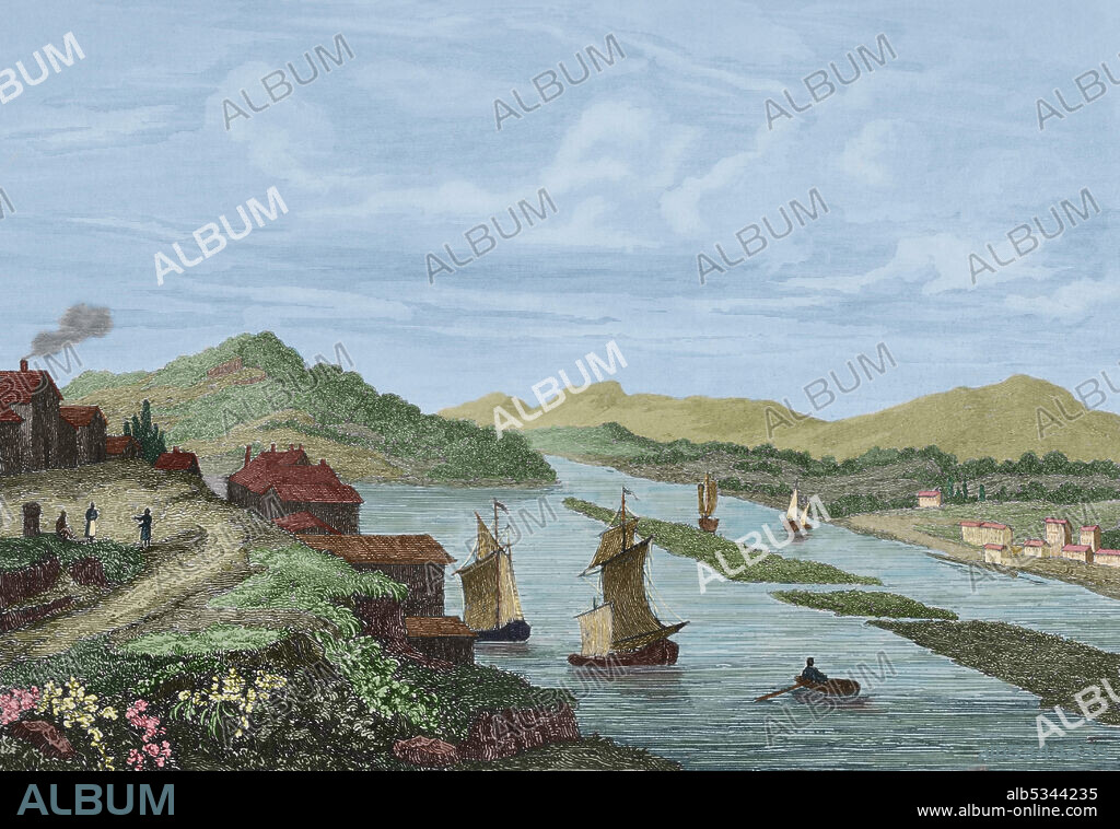 JACQUES GERARD MILBERT (1766-1840). FRENCH ENGRAVER.. United States. View of the city of Hudson, from the north looking south. The Parade, now called Promenade Hill, appears in the left foreground. Engraving by Milbert. Panorama Universal. History of the United States of America, from 1st edition of Jean B.G. Roux de Rochelle's Etats-Unis d'Amérique in 1837. Spanish edition, printed in Barcelona, 1850. Later colouration.