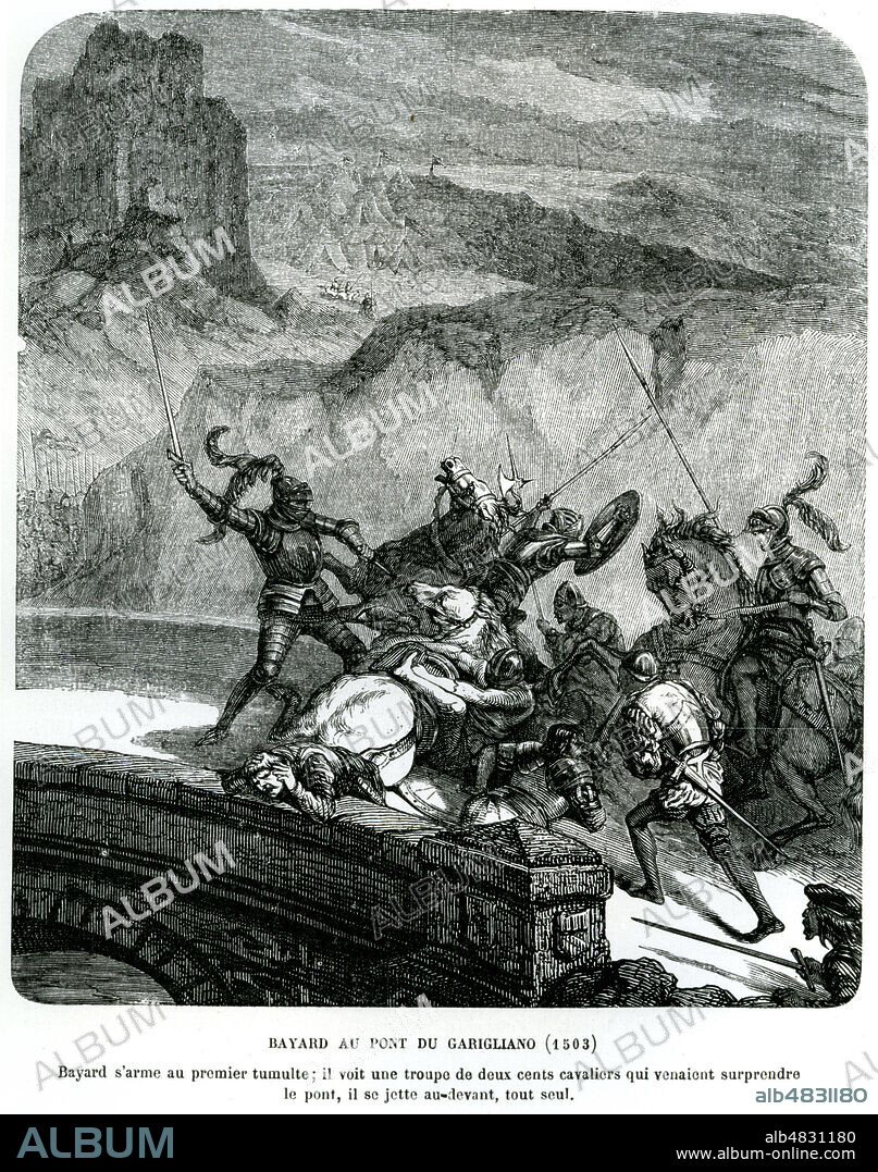 'Bayard au pont du Garigliano (1503). Bayard s'arme au premier tumulte, il voit une troupe de deux cents cavaliers qui venaient surprendre le pont, il se jette au-devant, tout seul' durant la troisieme guerre d'Italie (16eme, XVIeme s.). Gravure fin 19eme s. Credit : Collection KHARBINE-TAPABOR.