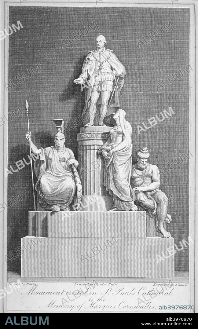 Monument to Charles, Marquis Cornwallis, St Paul's Cathedral, City of London, 1805. The monument, by Charles Rossi, shows the marquis standing on a column in ceremonial costume and with three allegorical figures below.