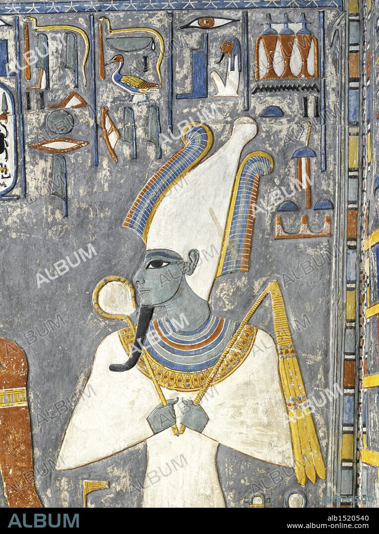 Egypt, Thebes (UNESCO World Heritage List, 1979) - Luxor - Valley of the Kings - Tomb of Horemheb. Vestibule. Mural paintings. Osiris (Dynasty 19, Horemheb, 1333-1306 BC) (KV57 - 332837).