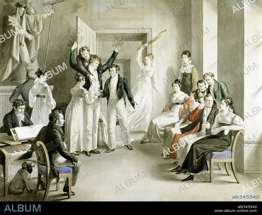 Franz Schubert at an evening performance, Atzenbrugg, Vienna. Watercolour by Leopold Kupelwieser, 1821.