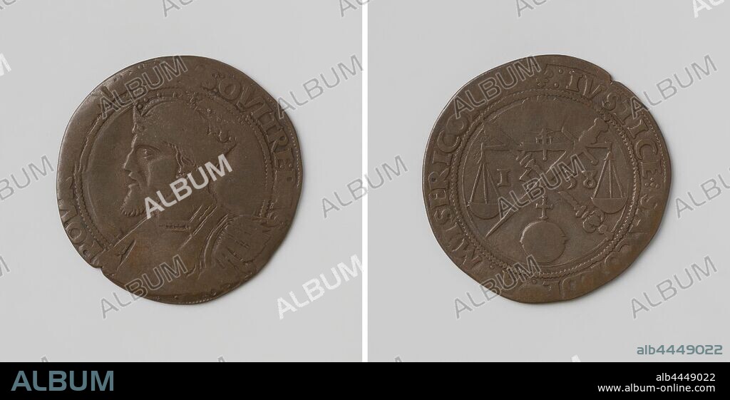 Armistice of Nice, calculation token in honor of Charles V, German Emperor, Copper Medal. Front: man's chest piece with crown inside inscription. Reverse: balance balanced under crown, therefor crossed scepter and sword, in between year, beneath that apple under cover, Nice, Charles V of Habsburg (German emperor and king of Spain), anonymous, 1538, copper (metal), striking (metalworking), d 2.9 cm × w 4.43 gr.