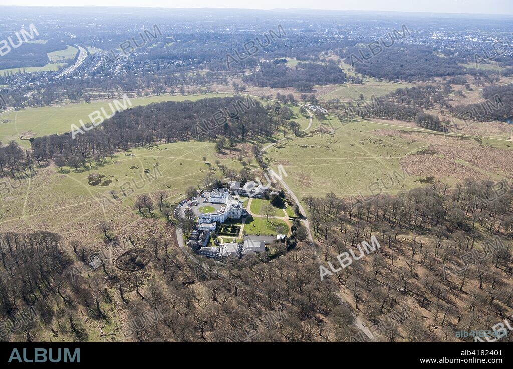 White Lodge, Richmond Park, Richmond upon Thames, London, 2018. Now the home of the Royal Ballet School, White Lodge is a Palladian former hunting lodge designed by Roger Morris for King George II in the 1920s. The grounds were designed by Humphry Repton in c1805.
