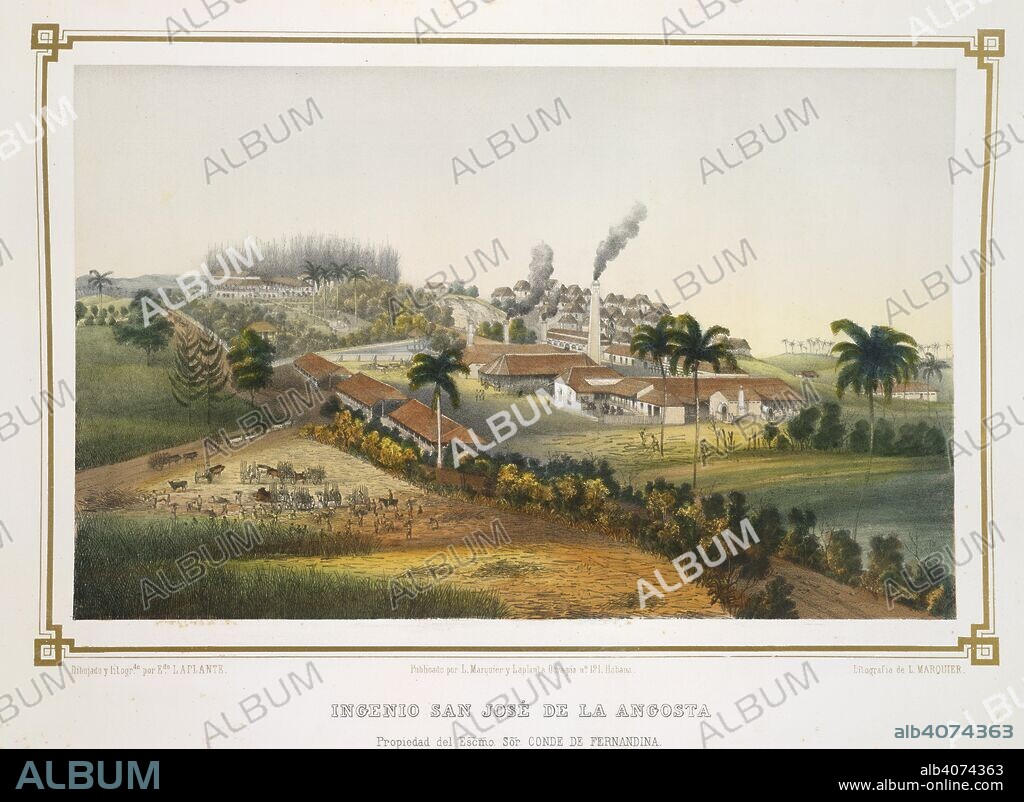 JUSTO G. CANTERO and EDUARDO LAPLANTE. Ingenio San JosÃ© de la Angosta. Los Ingenios. Coleccion de vistas de los principal. Havana, 1857. Ingenio San JosÃ© de la Angosta. Propiedad del ExcelentÃ­simo SeÃ±or Conde de Fernandina. A sugar mill in Cuba. Slave workers cultivate a crop.  Image taken from Los Ingenios. Coleccion de vistas de los principales ingenios de azucar de la Isla de Cuba. Edicion de lujo. El texto redactado por J. G. Cantero Las lÃ¡minas dibujadas del natural y litografiadas por Eduardo Laplante, etc. (Habana, 1857.).  Originally published/produced in Havana, 1857. . Source: 1780.c.14,. Language: Spanish.