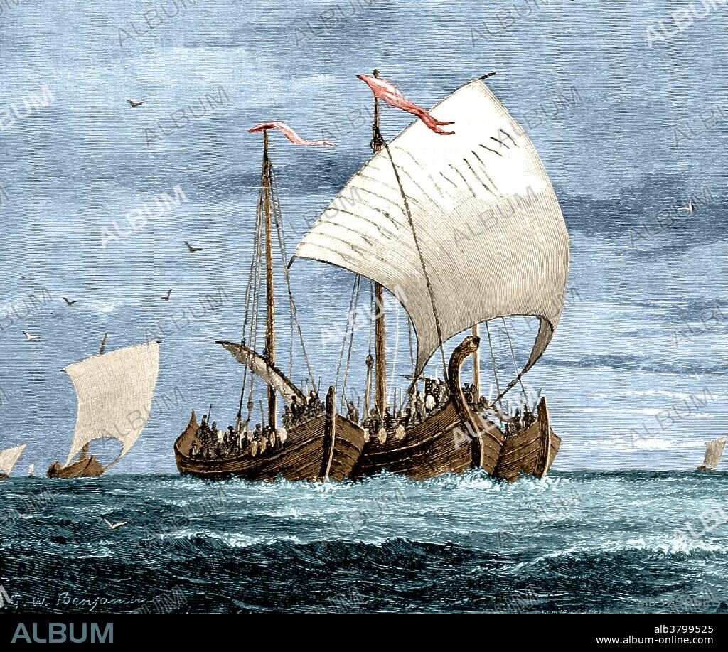 Vikings were Norse seafarers, speaking the Old Norse language, who from their homelands in Scandinavia raided, traded, explored, and settled in wide areas of Europe, Asia, and the North Atlantic islands from the late 8th to the middle 11th centuries. The Vikings employed wooden longships with wide, shallow-draft hulls, allowing navigation in rough seas or in shallow river waters. The ships could be landed on beaches, and their light weight enabled them to be hauled over portages. These versatile ships allowed the Vikings to settle and travel as far east as Constantinople and the Volga River in Russia, as far west as Iceland, Greenland, and Newfoundland, and as far south as Nekor. This period of Viking expansion, known as the Viking Age, constitutes an important element of the medieval history of Scandinavia, Great Britain, Ireland, France, Sicily, Russia, and the rest of Europe. The Viking Age began in 793 with the attack on Lindisfarne and for the next quarter-millennium the Vikings ruled the North Sea. In their superior longships, they raided, traded, and established colonies and outposts on the Sea's coasts. Image taken from page 21 of "The Viking Bodleys; An Excursion into Norway and Denmark" with illustrations, by Horace Elisha Scudder, 1885.