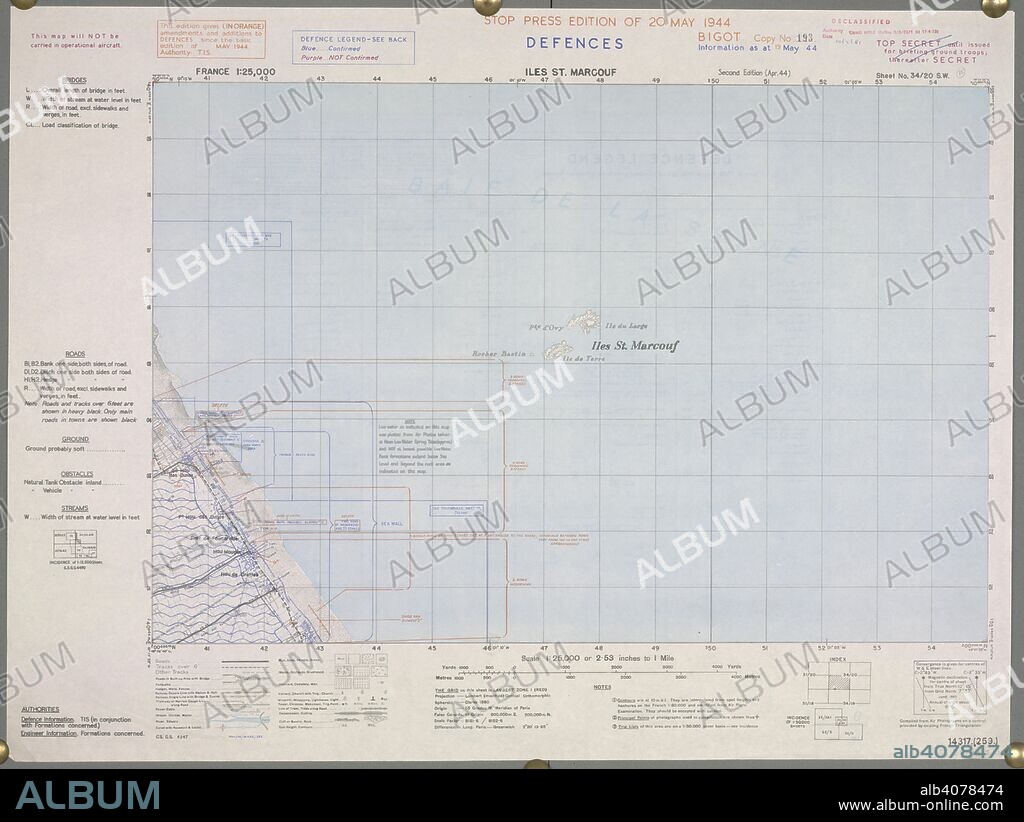 Iles St Marcouf, France.  A map of the Second World War. ÃŽles Saint-Marcouf are a group of two small uninhabited islands off the coast of Normandy, France. The islands became the first French territory that seaborne Allied forces took on D-Day. At 04:30 on 6 June 1944 four US soldiers, armed only with knives, swam ashore from two-man canoes. When they had verified that the islands were unoccupied, 132 troops from 4th and 24th Squadrons of the U.S. 4th Cavalry Group landed on the islands to secure the approaches to Utah Beach. . France 1:25,000 Defences, Bigot. [London] : War Office, 1944. Source: Maps 14317.(259.) 34-20 SW.