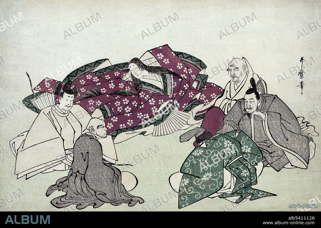 Murasaki with five elderly men (wise men or poets). Murasaki Shikibu (973/978 – 1014/1031) was a Japanese novelist. Heian women were traditionally excluded from learning Chinese (the written language of government), but her father encouraged her. It is uncertain when she began to write The Tale of Genji, but it was probably while she was married or after she was widowed. In about 1005, Murasaki was invited to serve as a lady-in-waiting to Empress Shoshi at the Imperial court. She continued to write, adding scenes from court life to her work. Within a decade of its completion, Genji was distributed throughout the provinces; within a century it was recognized as a classic of Japanese literature. Woodcut by Utamaro Kitagawa, between 1795 and 1806.