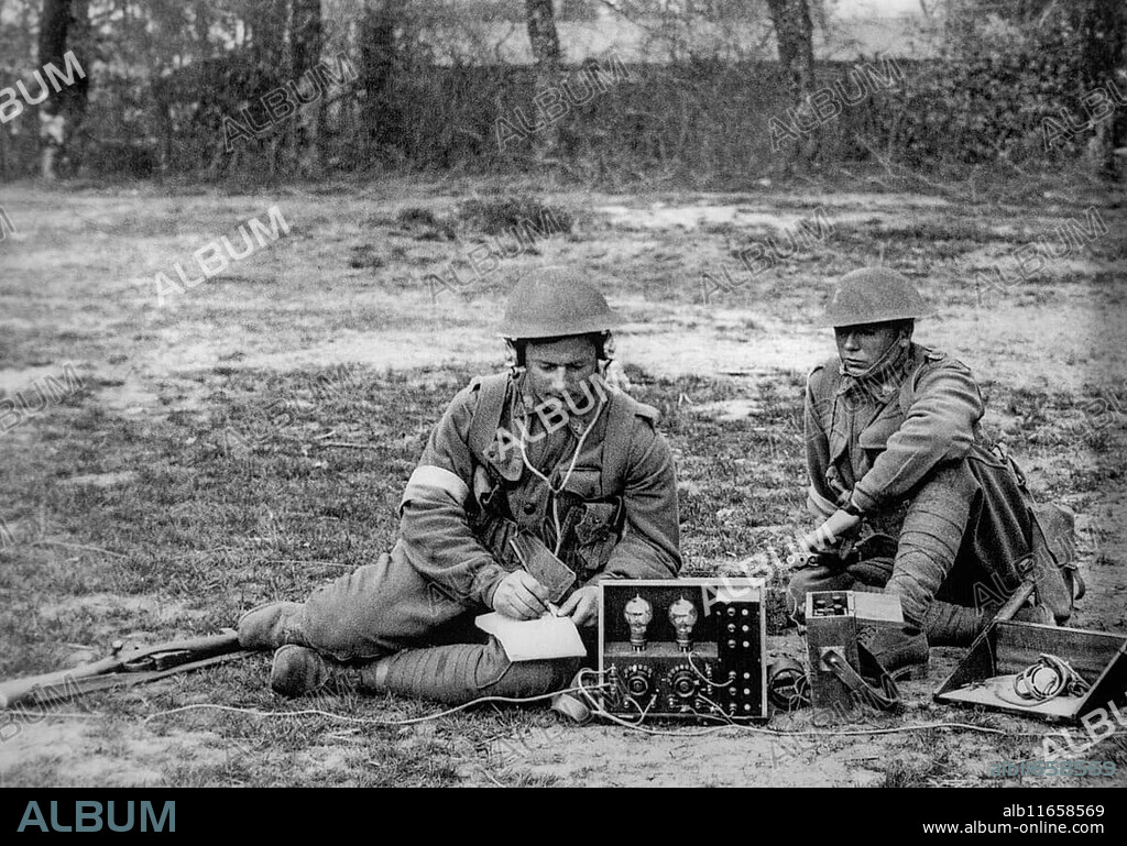 WWI British Royal Engineers of the Signal Company operating trench radio for wireless radio telegraphy during World War One