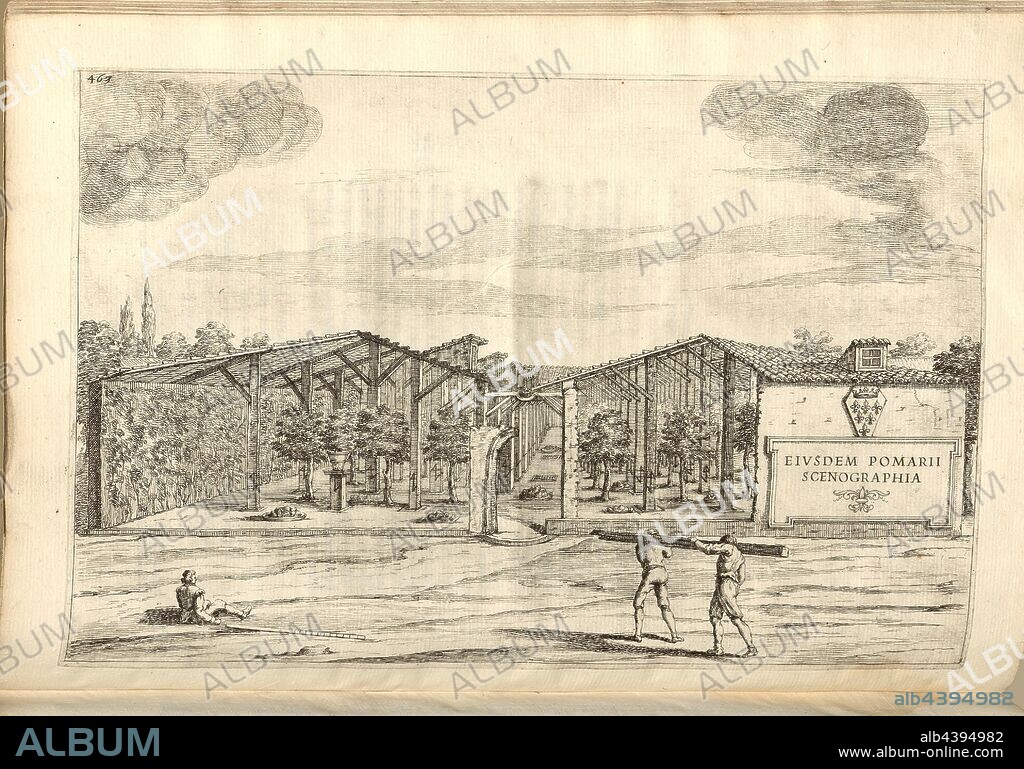 Pomarii of Scenographia, Greenhouse for citrus fruits, Fig. 101, after p. 460, 1646, Giovanni Battista Ferrari: Hesperides sive de malorum aureorum cultura et usu libri quatuor. Romae: sumptibus Hermanni Scheus, 1646.