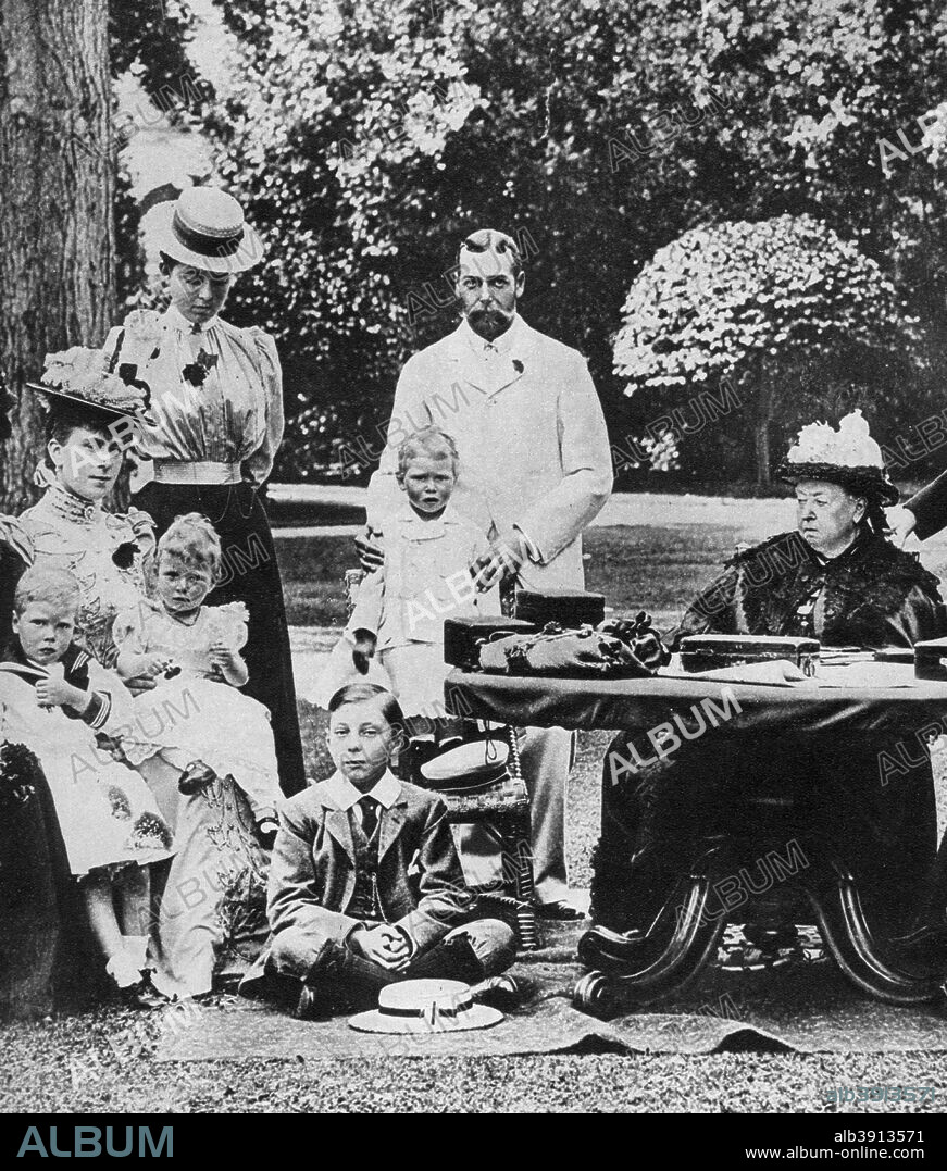 Queen Victoria and family at Osborne House, late 19th century. Prince Edward, Duke of Windsor, (the future King Edward VIII) is on the extreme left in a sailor suit. Prince George's wife Mary has the Princess Royal on her knee, behind her is Princess Margaret of Connaught. Prince George (the future George V) holds the Duke of York.