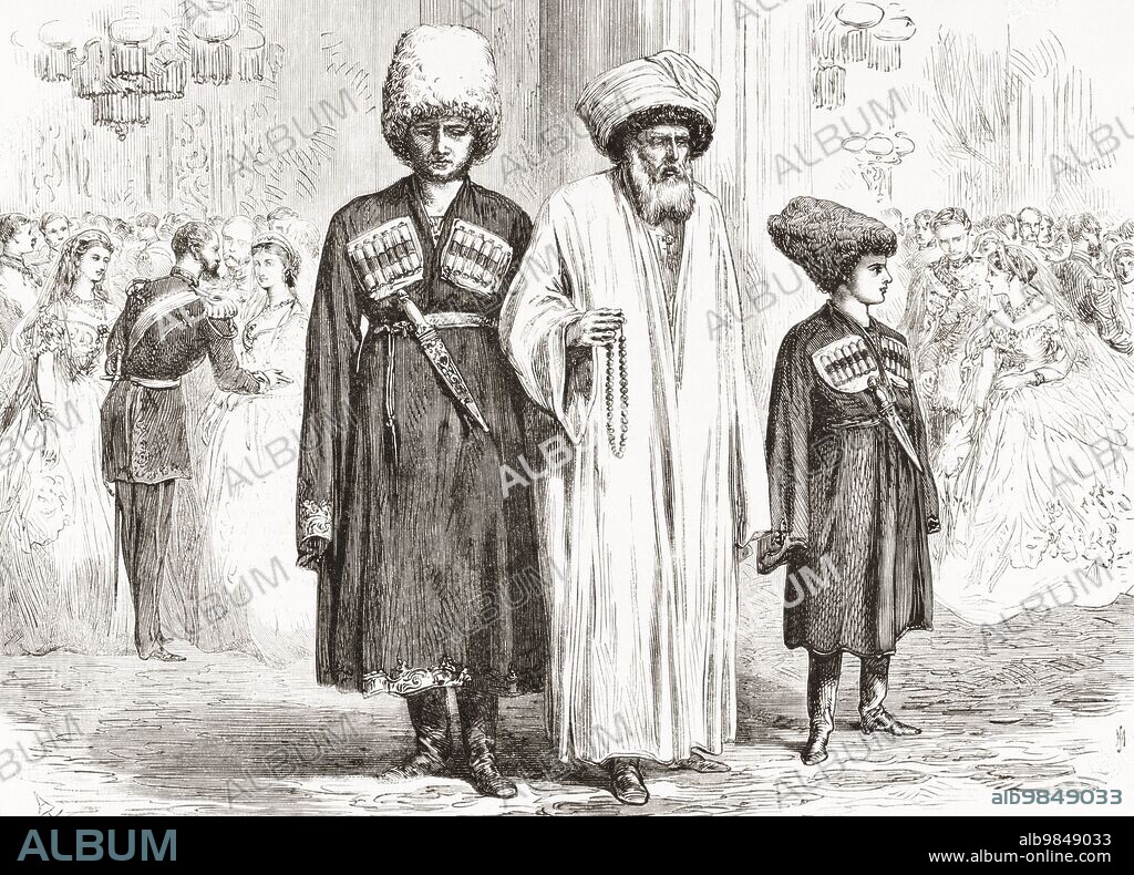 Imam Shamil, also spelled Shamyl, Schamil, Schamyl or Shameel, 1797 Ã¢â‚¬â€œ 1871. Avar political and religious leader of the Muslim tribes of the Northern Caucasus. Seen here with his sons at the court of Saint Petersburg, Russia in the 19th century. From L'Univers Illustre published 1867.