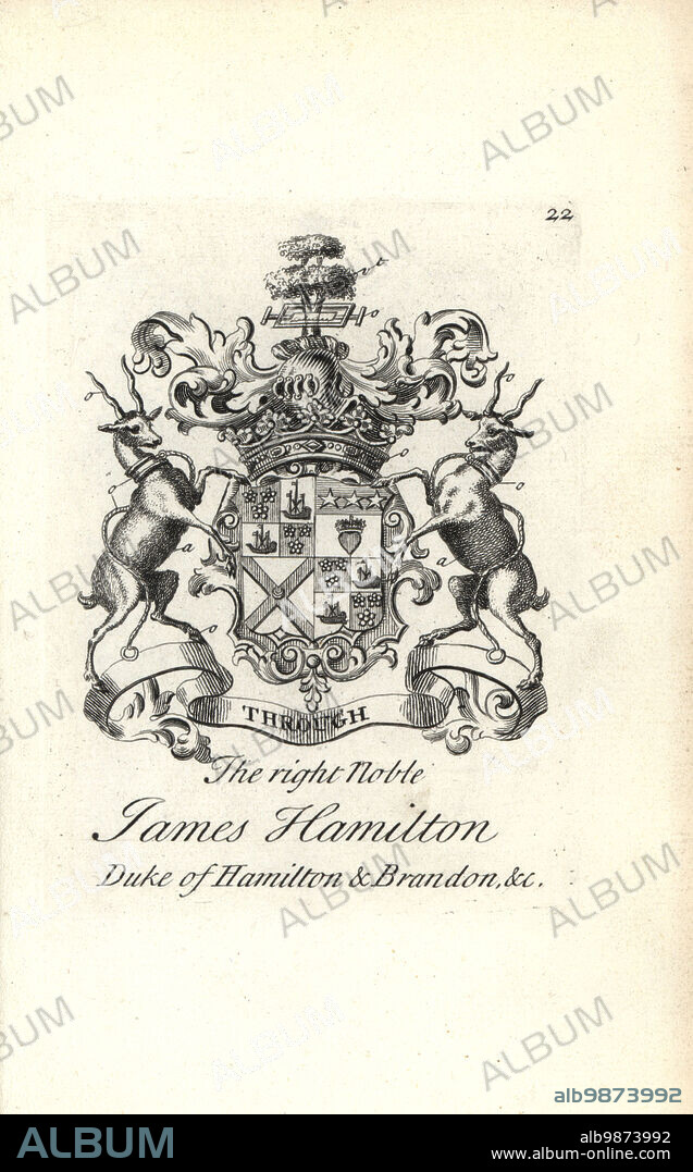 Coat of arms and crest of the right noble James Hamilton, 5th Duke of Hamilton and Brandon, 1703-1743. Copperplate engraving by Andrew Johnston after C. Gardiner from Notitia Anglicana, Shewing the Achievements of all the English Nobility, Andrew Johnson, the Strand, London, 1724.