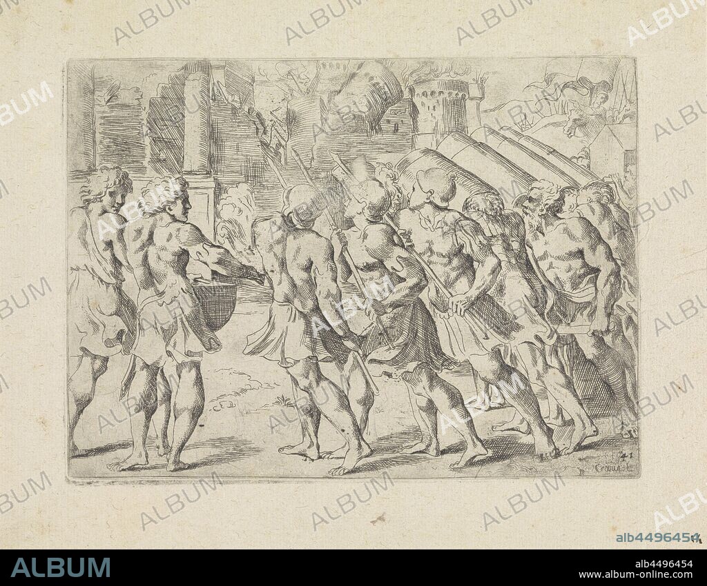 Fall of Jericho Biblical scenes (series title) Historia del Testamento Vecchio / Dipinta in Roma Vaticano da Raffaelle di Urbin (...) (series title), The walls of the city of Jericho collapse. In the foreground soldiers. On the right priests carrying the Ark of the Covenant, the fall of Jericho (Joshua 6), Ark of the Covenant, Jewish religion, Giovanni Lanfranco (mentioned on object), 1607, paper, etching, h 131 mm × w 179 mm.