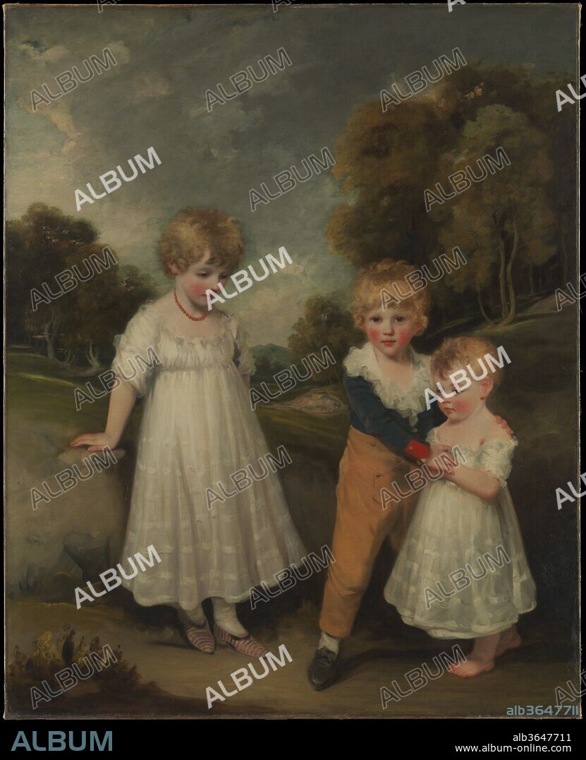 The Sackville Children. Artist: John Hoppner (British, London 1758-1810 London). Dimensions: 60 x 49 in. (152.4 x 124.5 cm). Date: 1796.
The children of the third Duke of Dorset were painted at Knole, the Sackville family seat. They are (left to right): Lady Mary Sackville (1792-1864); the Duke's only son, Lord Middlesex (1793-1815), later fourth Duke of Dorset; and Lady Elizabeth Sackville (1795-1870). The picture was exhibited in 1797 under the title "Portraits of a nobleman's children." The pose of the boy derives from a famous portrait of Henry VIII by Hans Holbein.