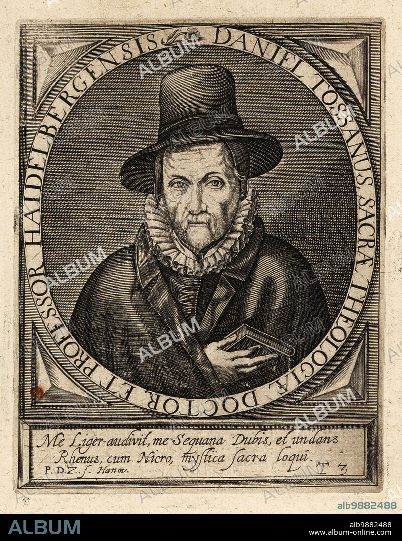 Daniel Toussain or Toussaint, 15411602, French Reformed theologian, chaplain at Heidelberg. Daniel Tossanus Sacrae Theologiae Doctor et Professor Haidelbergensis. Copperplate engraving by Johann Theodore de Bry from Jean-Jacques Boissards Bibliotheca Chalcographica, Johann Ammonius, Frankfurt, 1650.