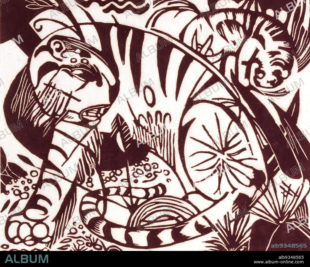 Tiger, Franz Marc, German, 1880-1916, Woodcut on Eastern laid paper, Germany, 1912, image: 7 7/8 × 9 7/16 in., 20 × 24 cm, 1912, abstract, arrow, attack, cat, expressionist, german, german expressionist, IMLS, marc, ndd2, tiger, woodcut.