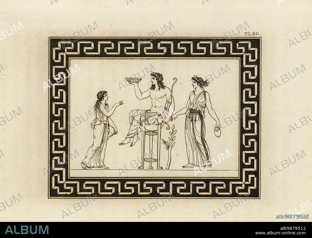 Manto, daughter of the prophet Tiresias, before the god Apollo on a tripod, A priestess at right pronounces the oracle. Copperplate engraving by Thomas Kirk (1765-1797) from Sir William Hamiltons Outlines from the Figures and Compositions upon the Greek, Roman and Etruscan Vases of the Late Sir Hamilton, T. MLean, London, 1834.