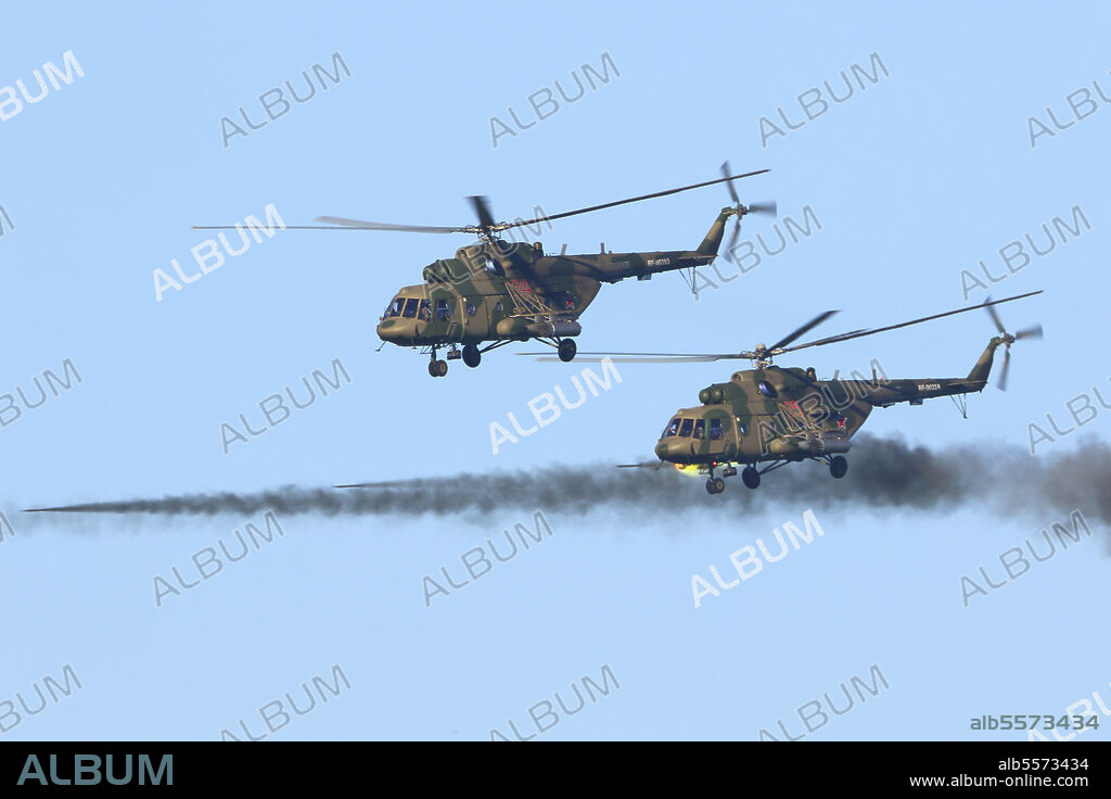 Mil Mi-8AMTSH military helicopters of the Russian Air Force firing missiles during Exercise Aviadarts 2018.