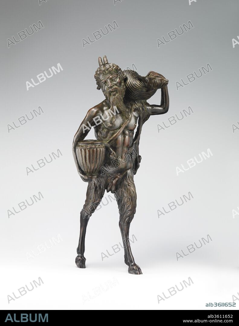 Pan. Artist: Andrea Briosco, called Riccio (Italian, Trent 1470-1532 Padua). Culture: Italian, Padua. Dimensions: Overall (confirmed): 14 1/8 × 6 1/4 × 4 3/4 in. (35.9 × 15.9 × 12.1 cm)
Base (confirmed): 7 in. × 6 3/4 in. × 7 in. (17.8 × 17.1 × 17.8 cm). Date: ca. 1510-20.
In the half-human, half-animal features of the mythical race of satyrs, Andrea Briosco, called Riccio, found great expressive potential. Furthermore, the creatures' classical associations appealed to the sculptor's learned clientele, who purchased the bronze statuettes that were his preferred medium. These diminutive objects could also be made into useful desktop equipment for writing or lighting by placing containers for ink, sand, or oil in the satyrs' arms. A hole in the shell shouldered by the Museum's figure may have held a chain to tether a snuffer for candles stuck on the lamp's pricket, while the gadrooned vase under his right arm would have contained ink. Although it seems almost oversize for its purpose, the statuette was nevertheless a practical object: the lamp was raised high enough to cast a wide light, and the ink was proffered at a reasonable level to dip in a quill. In 1985 Dieter Blume made the interesting proposal, now generally accepted, that this figure, which had long been identified as a satyr, in fact represents Pan, the Greek deity with legs and horns of a goat, whose power over nature could sow panic or stir creation.[1] The flaming oil and ink thus must symbolize both his sway over the elements and the inspiration sought by any scholar who read and wrote with their aid. While functional, it is above all a powerful sculpture. Against the limited group of autograph works by Riccio in this category and the extensive number of workshop productions, this one stands out on account of its large size and forceful presence. 
Its model is a well-known pair of lifesize antique marble satyr-atlantes once in the Della Valle collection in Rome and today in the Musei Capitolini in that city.[2] Denise Allen is of the opinion that drawings of those ancient satyrs by artists such as Bernardino da Parenzo may have been the sculptor's actual source.[3] She points out that their upraised arms and the baskets on their heads have been adapted to this small sculpture's pose and function but that the tensile strength of the metal has been exploited here to widen the creature's stance into a dynamic stride. Specific features borrowed from the Della Valle satyrs, such as the closely spaced horns, the ram's skin strapped over the shoulder, and the heavily muscled torso, reveal that Riccio paid close attention to the source.
While there is no question that this is a masterful Renaissance bronze, its attribution to Riccio and its date have been debated. The pioneer of Renaissance bronze studies, Wilhelm von Bode, was the first to propose Riccio as the artist, and his opinion was enthusiastically seconded by the foremost expert on North Italian bronzes, Leo Planiscig.[4] Some scholars have recently returned to the question of authorship, noting some anomalies in the statuette's physical characteristics, particularly the pronounced musculature of the torso and the relatively wide waist. For example, Denise Allen, who finds that the closest comparison for the treatment of the torso is the nude beggar in Riccio's Saint Martin relief (Galleria Giorgio Fraschetti alla Ca' d'Oro, Venice; probably after 1513), observes that the beggar's waist is narrower and his chest smoother than Pan's.[5] Its closest counterpart, she notes, is the Seated Satyr with a Conch Shell in the Museo Nazionale del Bargello, Florence, which also has an animal skin strapped to the chest and holds similar (though not identical) objects, which, like Pan's shell and vase, were chosen from a stock of models used in accepted works by Riccio. But the Seated Satyr is sometimes attributed to a sculptor in Riccio's workshop and dated to the 1520s, which raises questions about the Metropolitan Museum's bronze. 
Many features do favor Riccio's authorship. The striding pose is also found in the artist's Warrior and Strigil Bearer (both are in private collections);[6] in fact, Riccio demonstrated an interest in testing to the limit the balance of many of his sculptures, and this example is no exception. Richard E. Stone has identified technical qualities that keep Pan within the boundaries of Riccio's working manner. [7] He notes that the composition of the bronze used here and in the Strigil Bearer and Shouting Horseman (Victoria and Albert Museum, London) is characterized by a medium tin content, light leading, and the same pattern of minor trace elements; moreover, the core pins of all three are very thin. James Draper originally placed Pan early in Riccio's career, about 1507 - 10; however, as Allen proposes, the statuette's forceful stance and musculature may be better explained as the product of his mature style. Perhaps Riccio adjusted his later style to suit a particular client, as Nicholas Penny wondered.[8]
[Ian Wardropper. European Sculpture, 1400-1900, In the Metropolitan Museum of Art. New York, 2011, no. 15, pp. 54-55.]
Footnotes: 
[1] Dieter Blume. "Beseelte Natur und ländliche Idylle." In Natur und Antike in der Renaissance, pp. 173-97. Exh. cat. Liebieghaus, Frankfurt am Main; 1985-86. Frankfurt, 1985, pp. 184 - 85.
[2] Francis Haskell and Nicholas Penny. Taste and the Antique: The Lure of Classical Sculpture, 1500-1900. New Haven, 1981, pp. 301 - 3, no. 75, figs. 158, 159.
[3] Denise Allen in Andrea Riccio: Renaissance Master of Bronze. Exh. cat. by Denise Allen, with Peta Motture et al. Frick Collection, New York; 2008-9. New York and London, 2008, p. 149, fig. 8.2.
[4] Wilhelm von Bode. Die italienischen Bronzestatuetten der Renaissance. 3 vols. Berlin, 1907-12. [Vols. 1 and 2 published 1907.], vol. 3, pp. 22, 29, pl. ccxliii; Planiscig 1927, pp. 346 - 47, 484, no. 116, fig. 417.
[5] Allen in Riccio 2008, p. 147.
[6] Warrior is in a private collection in the United Kingdom; Strigil Bearer is in the collection of Mr. and Mrs. J. Tomilson Hill, New York. 
[7] Richard E. Stone. "Riccio: Technology and Connoisseurship." In Riccio 2008, pp. 81-96, pp. 88 - 90.
[8] Nicholas Penny. "Andrea Riccio: New York." [Review of the exhibition "Andrea Riccio: Renaissance Master of Bronze," at the Frick Collection, New York, and the accompanying publication.] Burlington Magazine 151 (January 2009), pp. 64-65, p. 65.