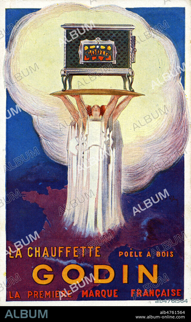 Pub Poele a Bois GODIN - la Chauffette GODIN, la premiere maque francaise. Carte postale publicitaire debut du 20eme siecle. Illustration Jean d'Ylen (1886-1938) Credit IM/KHARBINE TAPABOR.