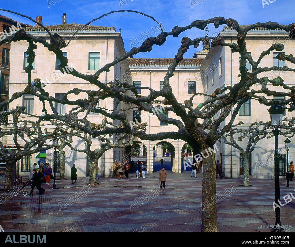 PASEO DEL ESPOLON CON CASTAÑOS Y ARCO DE ENTRADA A LA PLAZA MAYOR.