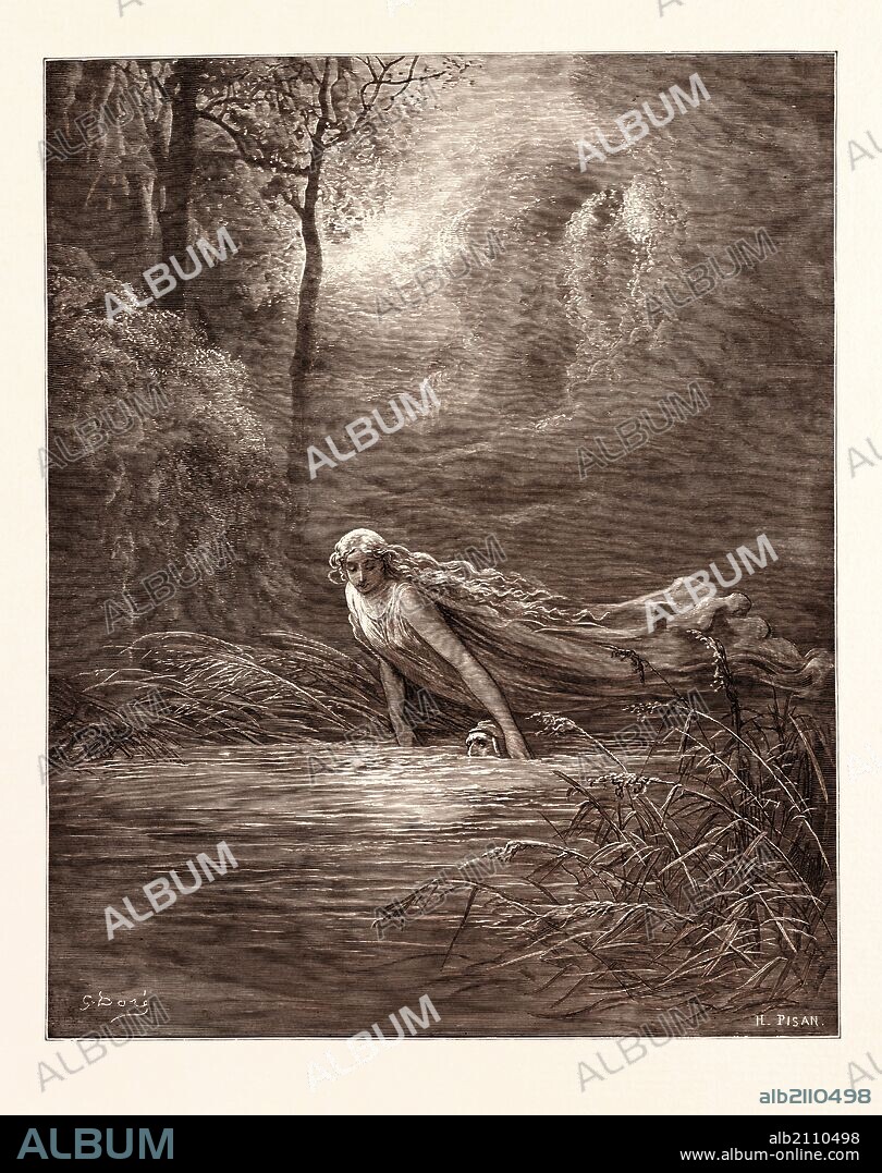 DANTE AND THE RIVER OF LETHE, BY GUSTAVE DORÉ. Gustave Dore, 1832 - 1883, French. Engraving for the Purgatorio by Dante. Wood engraving by Heliodore Joseph Pisan after Gustave Dore, with signatures in the print, 1870, Art, Artist, romanticism, colour, color engraving.