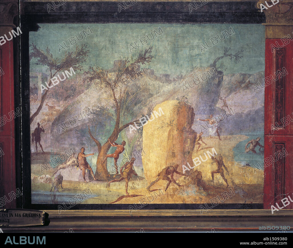 Roman civilization, 1st century b.C. Odyssey Landscapes: the Land of the giants Laestrygonians, detail of right panel, fresco, 150X396 cm. From Rome, excavations at Via Graziosa.