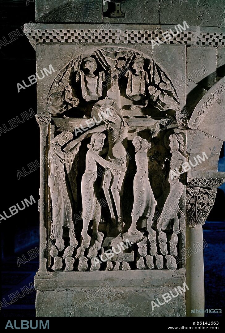 DESCENDIMIENTO- RELIEVE DEL MACHON DEL ANGULO NORESTE DEL CLAUSTRO DE SANTO DOMINGO DE SILOS - SIGLO XI - ROMANICO BURGALES.