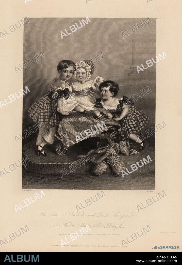 Earl of Dalkeith (William Henry), Henry John and Walter Charles Scott Douglas, son of the 5th Duke of Buccleuch, 7th Duke of Queensberry. Two sons wear tartan dresses with ribbons, with the youngest in a bonnet and satin dress. Steel engraving by H. Cook after an illustration by Alfred Edward Chalon from Charles Heaths Portraits of the Children of the Nobility, Longmont, London, 1838.