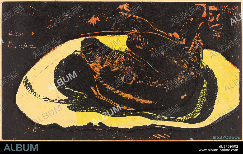 PAUL GAUGUIN. Manao Tupapau (She is Haunted by a Spirit). Dated: 1894/1895. Medium: woodcut printed in yellow, orange and black by Louis Roy.