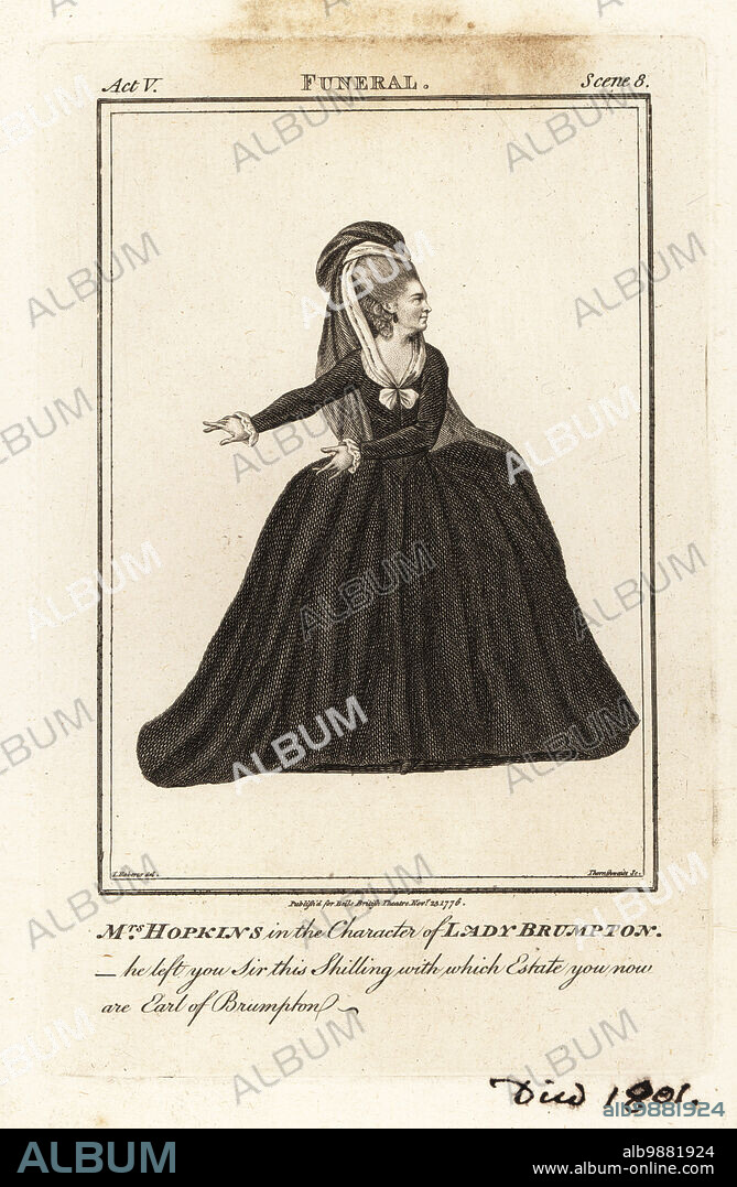 Mrs Elizabeth Hopkins in the character of Lady Brumpton in Richard Steeles The Funeral, Drury Lane Theatre, 1770. Mrs Michael Sharp, 1756-1801, daughter of William Hopkins and actress Elizabeth Hopkins. Copperplate engraving by J. Thornthwaite after an illustration by James Roberts from Bells British Theatre, Consisting of the most esteemed English Plays, John Bell, London, 1776.