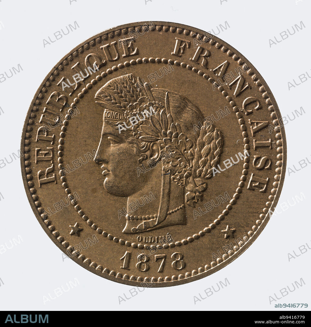 Coin of 5 centimes in bronze of the IIIrd Republic, 1878, Oudiné, Eugène-André, Graveur en médailles, Barré, Albert-Désiré, Array, Numismatique, Monnaie, Paris, Diameter: 2.5 cm, Weight (type size): 5.1 g.