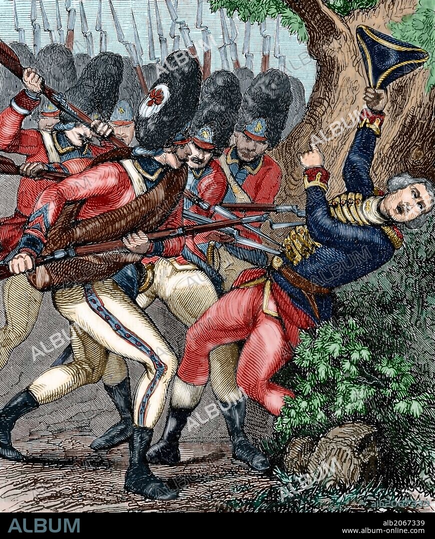 Nicolas-Louis d'Assas (1733-1760). French captain. Death of the Chevalier d'Assas, October 16, 1760. History of France. Engraving by Dupre. Colored.