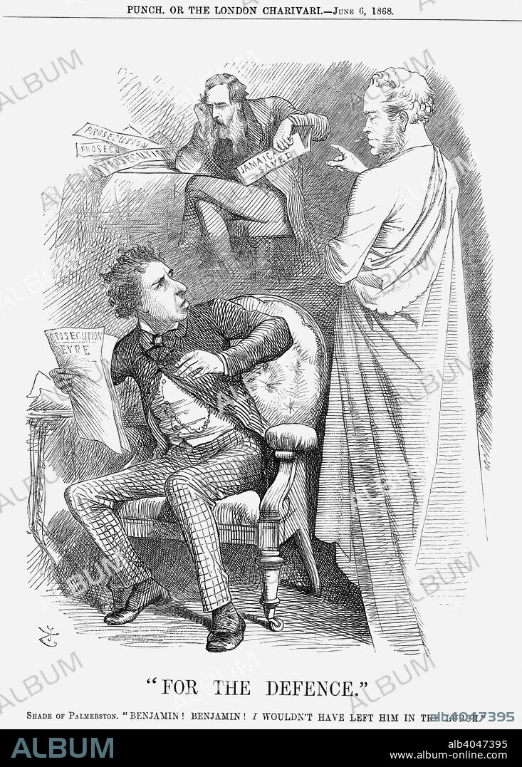For the Defence, 1868. This cartoon refers to Edward Eyre, Governor of Jamaica during the years 1864-65. In October 1865, there had been an uprising of black workers in Jamaica, starting in Morant Bay. General Eyre had proclaimed martial law and the ringleaders had been summarily dealt with by shooting or hanging. Eyre was suspended pending enquiry, although, at the time, Punch held that the Governor had been justified in that his prompt action had probably saved the island's white population from butchery. The case against General Eyre began at the beginning of June 1868 and this cartoon, in accordance with Punch's sympathies, shows the ghost of the former PM, Lord Palmerston, chiding his successor, Disraeli, for not doing anything to save the disgraced governor. In the background, Eyre sits clutching his paper, whose headline is 'Jamaica Saved'. From Punch, or the London Charivari, June 6, 1868.