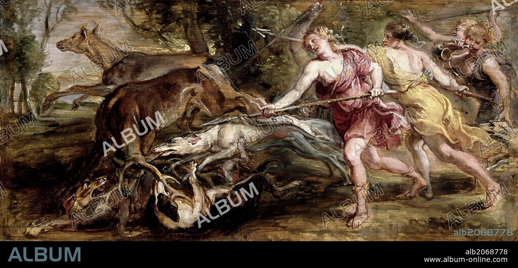 PETER PAUL RUBENS. Pedro Pablo Rubens / 'Diana y sus ninfas cazando', 1636-1637, Escuela Flamenca, Óleo sobre Tabla, 27,7 cm x 58 cm, P07765.