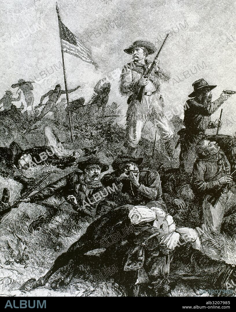 CUSTER, George Armstrong (New Rumley, 1839-cerca de Hardin, 1876). General estadounidense. En 1866 fue destinado a combatir a los cheyenes, derrotándolos. En 1876, con 226 hombres, fue vencido y muerto por los cheyenes y sioux de Sitting Bull en la Batalla de Little Bighorn River. "Heróica muerte de Custer". Grabado.