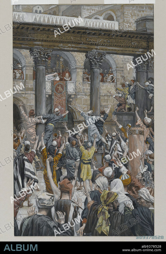 Let Him Be Crucified, Qu'il soit crucifié, The Life of Our Lord Jesus Christ, La Vie de Notre-Seigneur Jésus-Christ, James Tissot, French, 1836-1902, Opaque watercolor over graphite on gray wove paper, France, 1886-1894, Image: 8 15/16 x 5 7/16 in., 22.7 x 13.8 cm, capital punishment, capitals, chaos, columns, Corinthian, crowd, crowds, crucifiction, crucified, crucifixion, cruelty, death, figures, good friday, graphite, Jesus, Matthew 27:23, Matthew 27:25, mob, painting, Pilate, public, religious, watercolor.