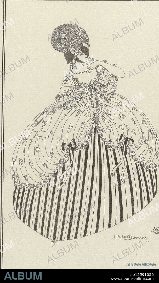 Journal des Dames et des Modes, Costumes Parisiens, 1914, No. 142, Manon. Masked woman dressed in a costume based on the eighteenth century opera 'Manon'. She wears a dress with a floral pattern, decorated with garlands and bows, on a striped petticoat. Test print of a print from the fashion magazine Journal des Dames et des Modes (1912-1914)., after drawing by: H. Robert Dammy, (mentioned on object), print maker: anonymous, 1914, paper, engraving.