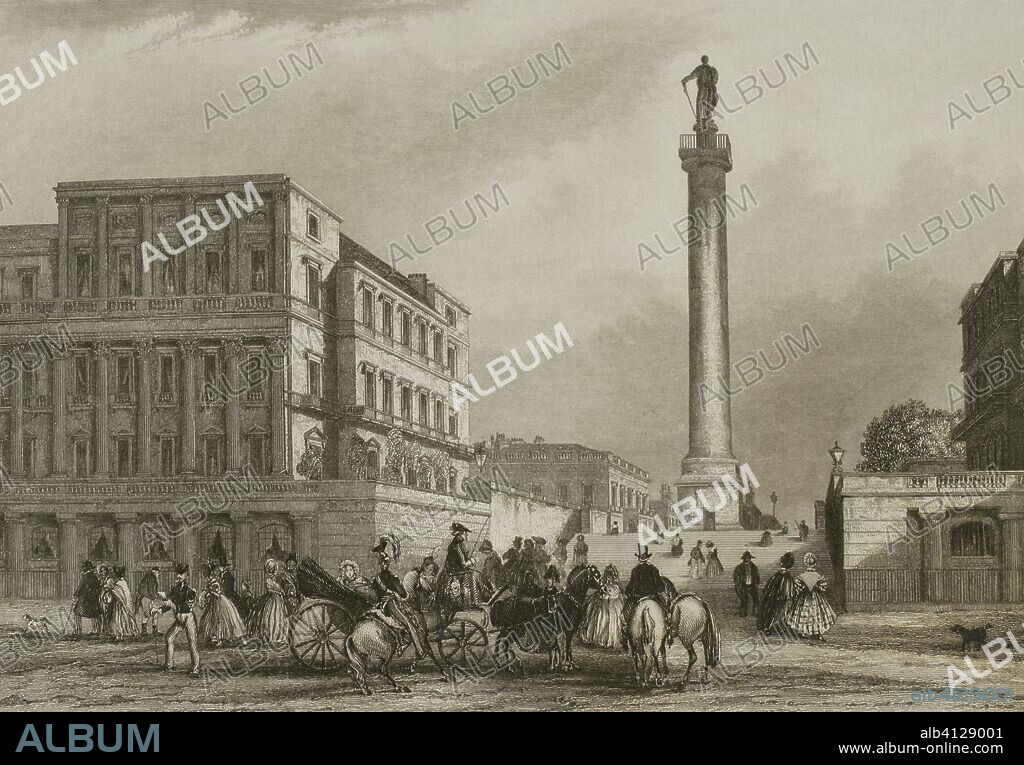 Reino Unido. Inglaterra. Londres. Columna del Duque de York, dedicada al príncipe Federico, Duque de York y de Albany, hijo del rey Jorge III. Diseñada por Benjamin Dean Wyatt y finalizada en 1832. Dibujo por J. Salmon. Grabado por John Woods. "London and its Environs", h. 1840 (Londres y sus Alrededores). Biblioteca Histórico Militar de Barcelona, Cataluña, España.