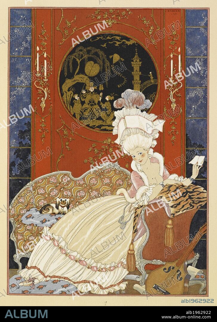 Lettre. A woman reading a letter. FÃªtes galantes. [PoÃ¨mes]. Illustrations de George Barbier. Paris: H. Piazza, 1928. FÃªtes Galantes is an album consisting of romantic prints of French life among the upper classes of the 19th century. Rich aristocrats of the French court used to play gallant scenes from the commedia dellâ€™ arte that were called Fetes Galantes. The prints accompany Paul Verlaine's poetry. Each album contains 20 lithograph prints with pochoir highlighting by George Barbier. Source: L.45/2847, before page 71. Language: French.