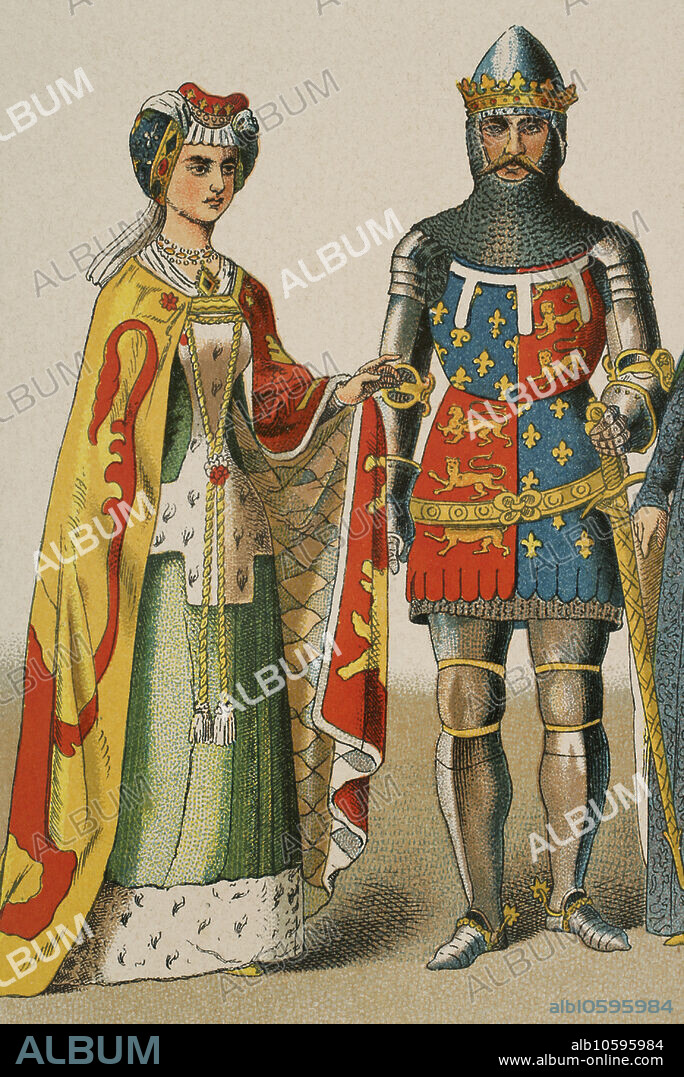 Edward of Woodstock (1330-1376), known as "the Black Prince". Duke of Cornwall (1337-1376) and Prince of Wales (1343-1376). Edward with a lady. Chromolithography. "Historia Universal", by César Cantú. Volume VI, 1885.