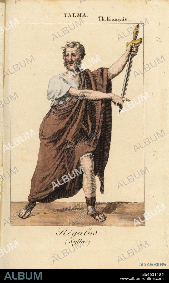 French actor Francois-Joseph Talma (1763-1826) as Regulus in Sylla by Jouy at the Theatre Francais, 1822. Handcoloured copperplate engraving from Charles Malo's Almanach des Spectacles par K. Y. Z, Chez Louis Janet, Paris, 1823.